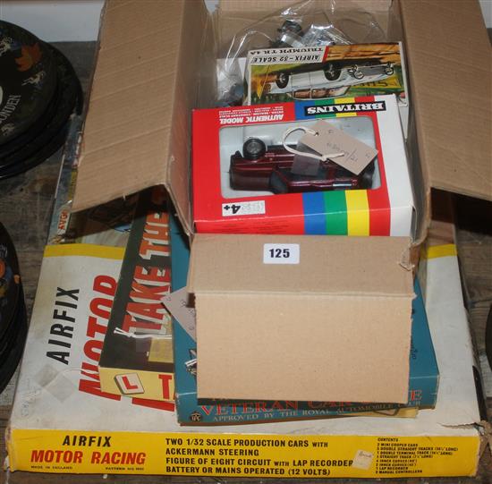 London to Brighton Veteran Car Game, Airfix Motor Racing Set M.R.125, Take That Test (all boxed), collection model cars etc